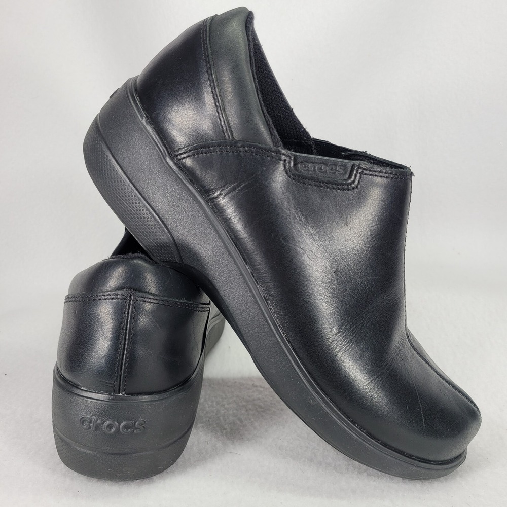 Crocs Shoes Womens 11 Chelsea Black Leather Slip-Resistant Slip-On Clogs